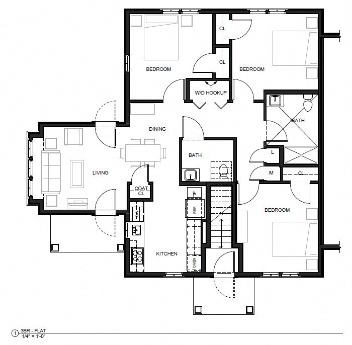 Floor plan for 3 beds, 1123 sqft
